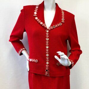 ST. JOHN Evening Red Embellished Mirror Trim Jacket  and Skirt